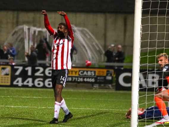 Derry City striker Junior Ogedi-Uzokwe celebrates his second half strike against St Patrick's Athletic at Brandywell. Photograph by Kevin Moore.