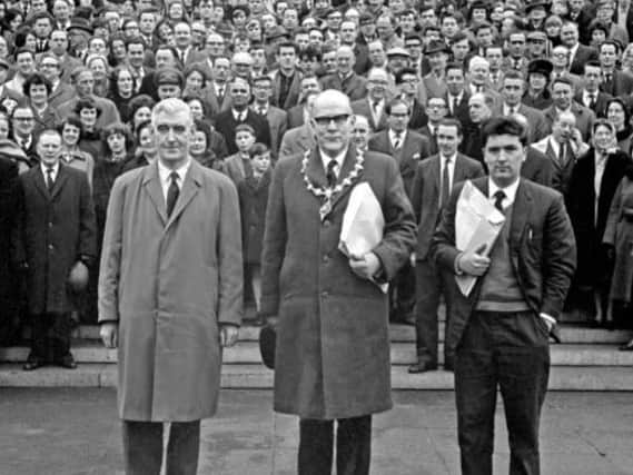 Eddie McAteer, Unionist Mayor AW Anderson and John Hume leading a protest against the Lockwood Report at Stormont.
