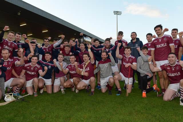 Slaughtneil players celebrate after securing the Derry Senior hurling title with victory over Kevin Lynch's on Sunday. (Photo: George Sweeney)