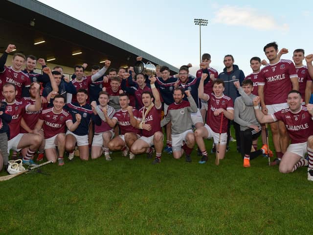Slaughtneil players celebrate after securing the Derry Senior hurling title with victory over Kevin Lynch's on Sunday. (Photo: George Sweeney)