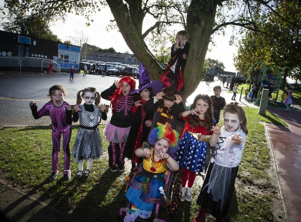 Harry Potter and his P3 playmates posing for a photograph during Halloween celebrations at Greenhaw Primary School on Friday afternoon. (Photo: Jim McCafferty Photography)