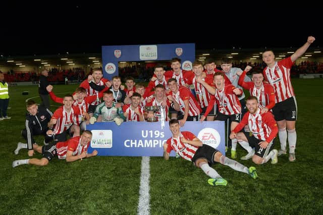 Derry City celebrate winning the EA Sports U19 Enda McGuill Cup. Picture by George Sweeney