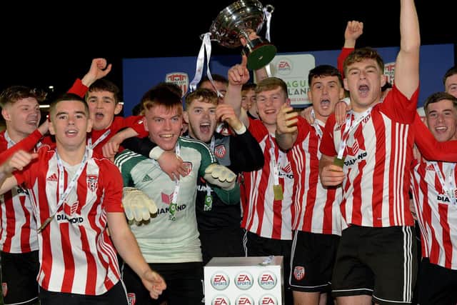 Derry City’s Under 19 players celebrate their EA Sports U19 Enda McGuill Cup Final victory over Bohemians at the Brandywell Stadium on Wednesday night. Picture by George Sweeney.  DER2143GS – 082