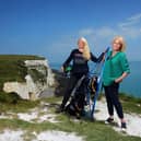 Sacha Dench and Joanna Lumley beside Sasha's electric paramotor  at Beachy Head