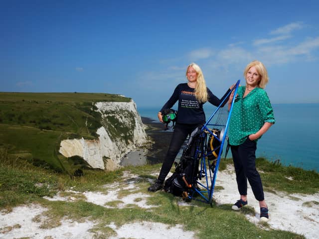 Sacha Dench and Joanna Lumley beside Sasha's electric paramotor  at Beachy Head