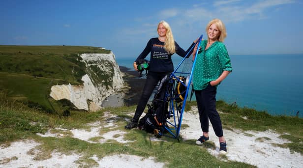 Sacha Dench and Joanna Lumley beside Sasha's electric paramotor  at Beachy Head