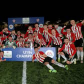 Derry City’s Under 19 players celebrate their Enda McGuill Cup Final victory over Bohemians at the Brandywell Stadium on Wednesday evening last. Picture: George Sweeney.  DER2143GS – 083