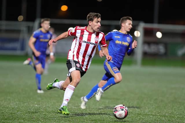 Derry CIty's Joe Thomson races at the Bohemians defence. Picture by Kevin Moore/MCI