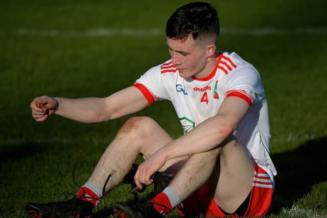A dejected Ryan McLaughlin after Sean Dolans were defeated by Desertmartin in the JFC final in Celtic Park on Saturday afternoon last. Photo: George Sweeney. DER2143GS - 118