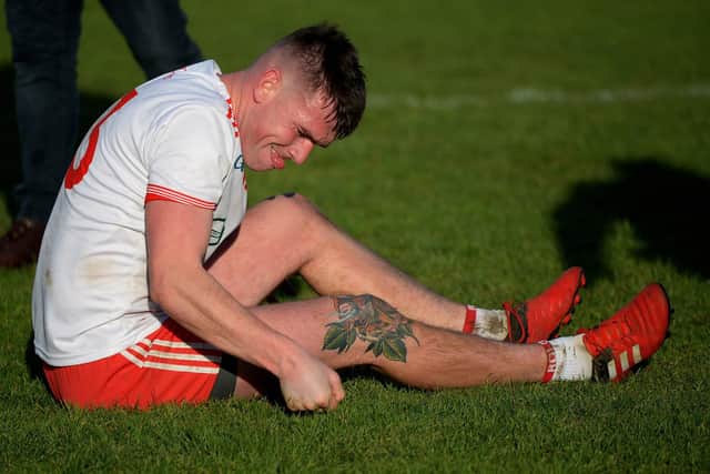 Odhran McKane expresses his disappointment after Sean Dolans were defeated by Desertmartin in the JFC final in Celtic Park on Saturday afternoon last. (Photo: George Sweeney.) DER2143GS - 117