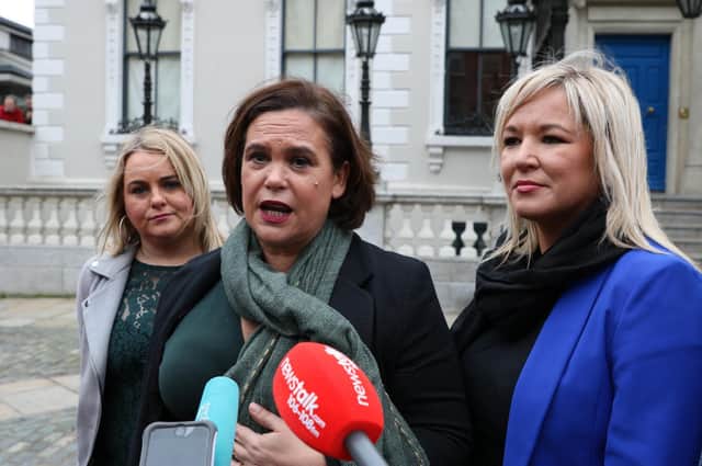 Mary Lou McDonald and Michelle O'Neill pictured with Derry councillor Sandra Duffy.