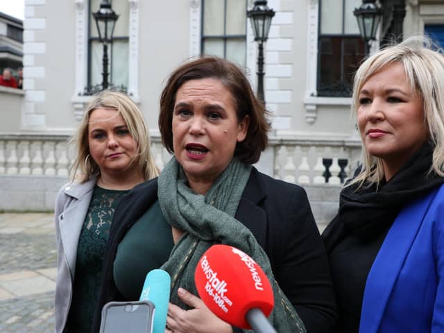 Mary Lou McDonald and Michelle O'Neill pictured with Derry councillor Sandra Duffy.