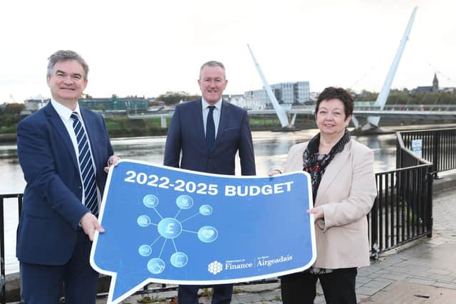 Finance Minister Conor Murphy with Paul Clancy, Chief Executive & Dawn McLaughlin, President of Londonderry Chamber of Commerce.