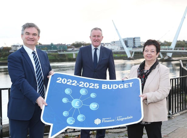 Finance Minister Conor Murphy with Paul Clancy, Chief Executive & Dawn McLaughlin, President of Londonderry Chamber of Commerce.