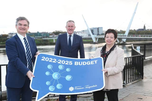 Finance Minister Conor Murphy with Paul Clancy, Chief Executive & Dawn McLaughlin, President of Londonderry Chamber of Commerce.