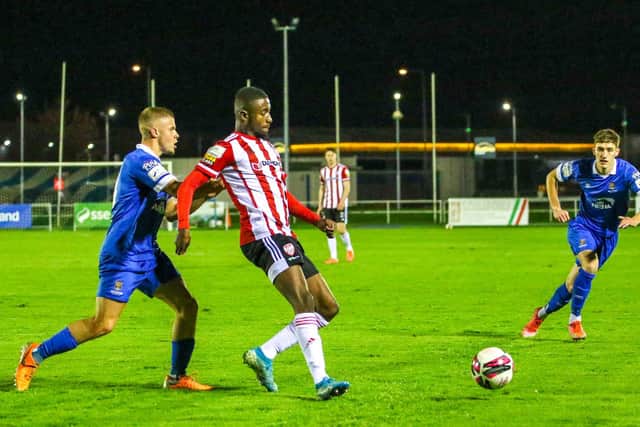 Derry City striker Junior Ogedi-Uzokwe lays the ball off during their encounter against Waterford. Picture by Kevin Moore/MCI