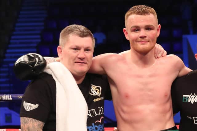 Brett McGinty pictured with his trainer Ricky Hatton. Picture courtesy of Hennessy Sports/Lawrence Lustig