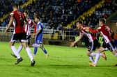 Cameron McJannet celebrates his 93rd minute equaliser in Waterford. Photograph by Kevin Moore.