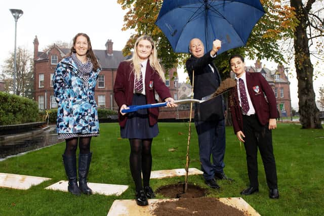 Nicole Sloane (teacher, Foyle College), Amy Spain (Foyle College pupil), Professor Paul Bartholomew (UU) and Anas Mohammad (pupil) pictured at UU Magee.