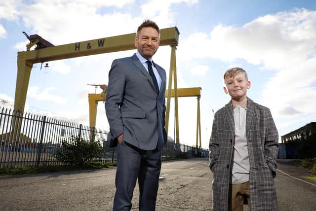 Press Eye - Belfast - Northern Ireland - 4th November 2021 -
Ken Branagh pictured at Northern Ireland's iconic Harland & Wolff cranes 'Samson and Goliath' ahead of the Irish premiere of his critically acclaimed new film BELFAST, which will open The Belfast Film Festival at an event co-hosted by Northern Ireland Screen at The Waterfront Hall tonight. BELFAST is in cinemas from January 21st, 2022.
Ken is pictured with Jude Hill.
Photo by Kelvin Boyes / Press Eye.