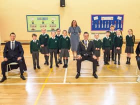 Alderman Graham Warke, Mayor of Derry City and Strabane District Council who was joined by fellow Waterside Councillors Rachael Ferguson and Alderman Ryan McCready during Local Democracy Week at St. Columba's Primary School in Newbuildings. The councillors were questioned by members of the School's Council before touring the classrooms and engaging with the rest of the pupils. Included is Mrs Callan, Principal. Picture Martin McKeown.