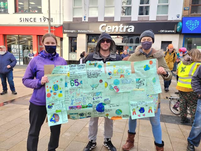 Marie Walker, Billy Hutchenson and Emma Masterson at the Climate Rally in Waterloo Place