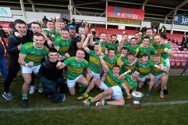 Glen celebrate their first ever Derry senior Championship title after defeating Slaughtneil in Celtic Park on Sunday. (Photo: George Sweeney)