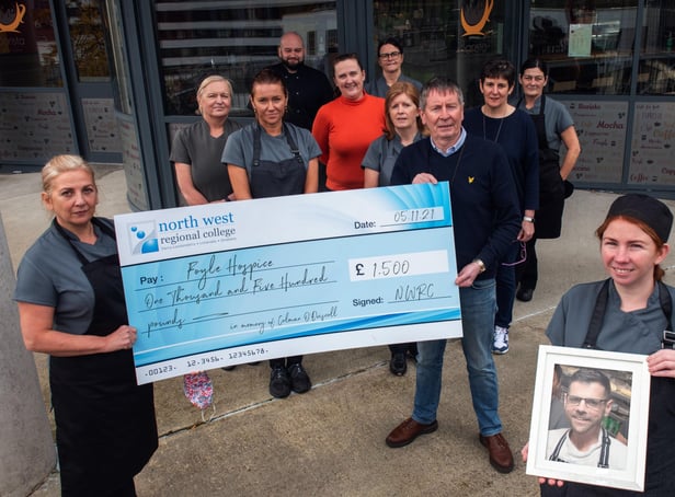 Hospitality and Catering staff from NWRC present a cheque for £1,500 to Noel McMonagle, Foyle Hospice, in memory of Colman O’Driscoll. (Picture Martin McKeown).