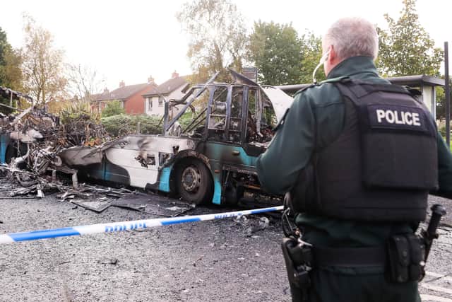 November 1 - The scene on Abbot Drive in Newtownards, Co. Down last weekend, where police are investigating a hijacking and arson attack on another bus.   Picture by Jonathan Porter/PressEye