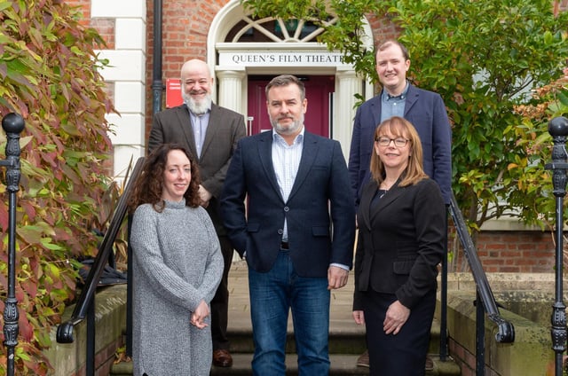 Representatives from Queen’s University and the National Lottery Heritage Fund at the launch event for Friel Reimagined. L-R: Frances McNally, Investment Manager, National Lottery Heritage Fund; Dr Kurt Taroff, Head of School of Arts, English and Languages; Dr Paul Murphy, Senior Lecturer, School of Arts, English and Languages and Project Lead, Friel Reimagined; Dr Conor McCafferty, Project and Outreach Manager, Friel Reimagined; Professor Nola Hewitt-Dundas, Pro-Vice Chancellor, Faculty of Arts, Humanities and Social Sciences.