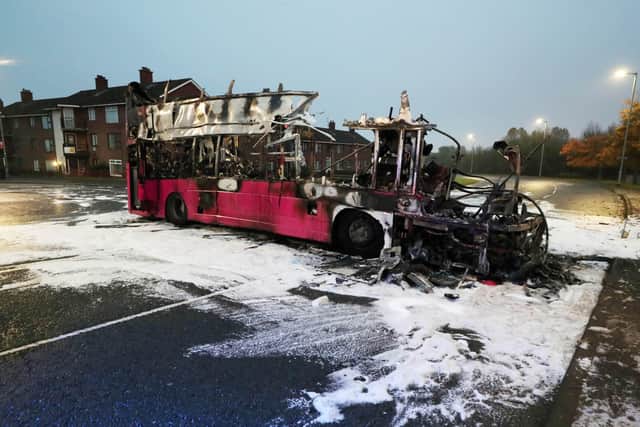 November 8th. Police said four men got on to the bus, ordered the passengers and the driver to get off and then set it alight.  No-one was injured, police said. It is the second time in a week that a bus has been hijacked and burnt in Northern Ireland. (Picture PressEye)