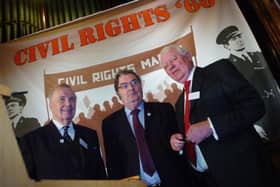 2008: L-R John Hume, Ivan Cooper and Austin Currie launch the 40th anniversary Civil Rights Conference in the Guildhall. (0710PG09)