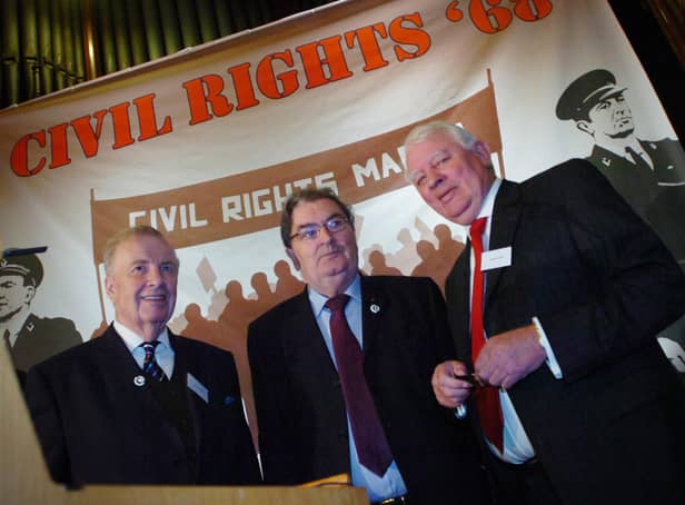 2008: L-R John Hume, Ivan Cooper and Austin Currie launch the 40th anniversary Civil Rights Conference in the Guildhall. (0710PG09)