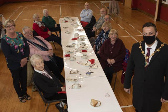 Mayor of Derry City and Strabane District, Alderman Graham Warke, pictured with Angela Dobbins, co-ordinator and members of the 'Thursday Club' at the Acorn Centre held in St. Peter's Church Hall, Culmore Road. (Photo - Tom Heaney, nwpresspics)
