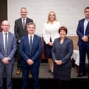 Left to right: Leo Strawbridge, Derry City and Strabane District Council; Thomas Byrne, Director of Energy Strategy at the Department for the Economy; David McGowan, SONI; Paul Clancy, Chief Executive of the Chamber of Commerce; Sinead Hawkins, North West Regional College; Jennifer McKeever, Airporter; Brett Ross, RiverRidge.