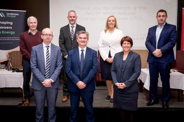 Left to right: Leo Strawbridge, Derry City and Strabane District Council; Thomas Byrne, Director of Energy Strategy at the Department for the Economy; David McGowan, SONI; Paul Clancy, Chief Executive of the Chamber of Commerce; Sinead Hawkins, North West Regional College; Jennifer McKeever, Airporter; Brett Ross, RiverRidge.