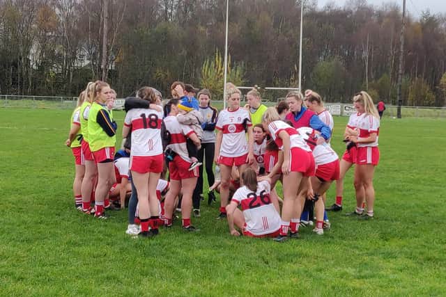 Dejected Steelstown Ladies players at the final whistle in Augher on Saturday.