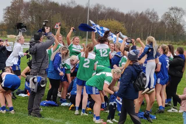 Delighted Steelstown players and supporters celebrate their Ulster Intermediate Championship success in Kinawly on Saturday.