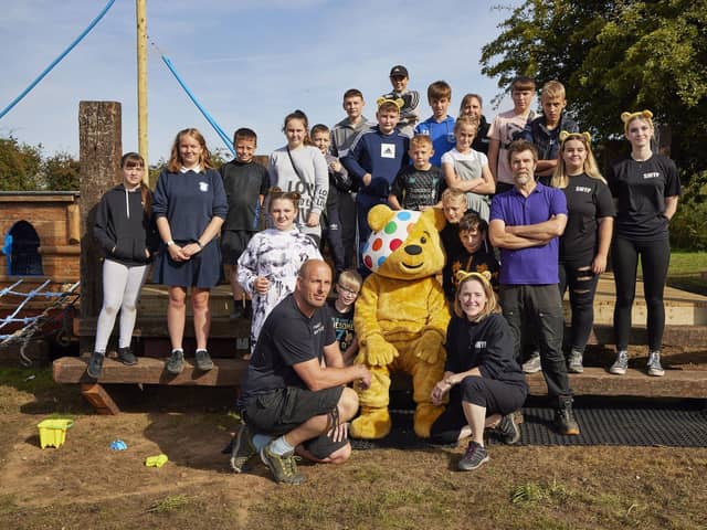 Rhod Gilbert is joined by Pudsey and St Michael's Youth Project who have benefitted from the DIY SOS Big Build Children in Need Special
