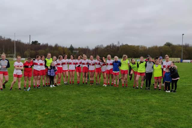 The Steelstown Ladies panel looks on as Kinawley lift the Ulster Intermediate Championship in Augher on Saturday.