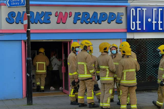 Fitzroy's restaurant in Bridge Street, Derry, suffered extensive fire damage on Monday morning. The fire is believed to have started in a store room.  Firefighters also attended  the adjoining Shake and Frappe premises on Carlisle Road. Photo: George Sweeney.  DER2147GS – 026