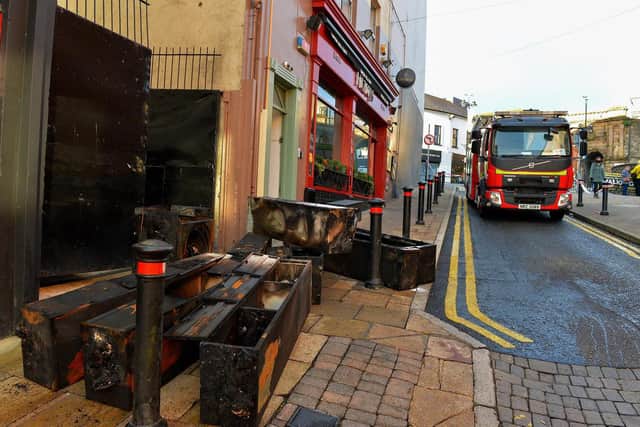 Fitzroy's restaurant in Bridge Street, Derry, suffered extensive fire damage on Monday morning. The fire is believed to have started in a store room. Photo: George Sweeney.  DER2147GS – 024