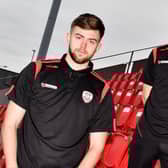 Derry City pair Will Patching and Ciaron Harkin pictured in the club's new O'Neills polo shirts. Picture by Kevin Morrison