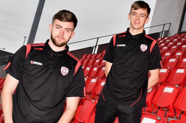 Derry City pair Will Patching and Ciaron Harkin pictured in the club's new O'Neills polo shirts. Picture by Kevin Morrison