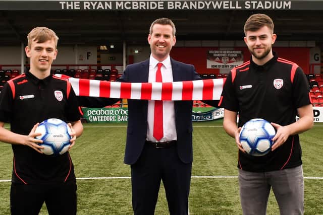 Derry City duo Ciaron Harkin and Will Patching alongside John Murphy, Business Development representative with O'Neills Sportswear, after the Candy Stripes announced details of their new kit deal. Picture by Kevin Morrison