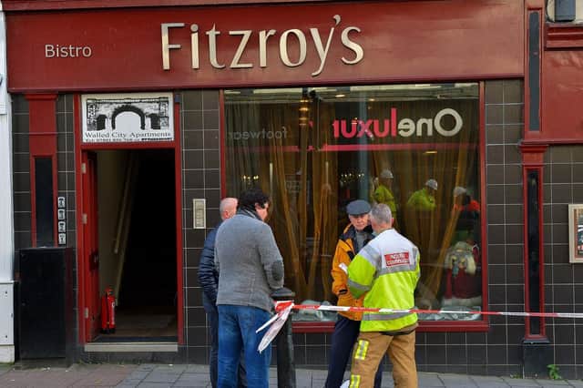 Fitzroy's restaurant in Bridge Street, Derry, suffered extensive fire damage on Monday morning. The fire is believed to have started in a store room. Photo: George Sweeney.  DER2147GS – 025