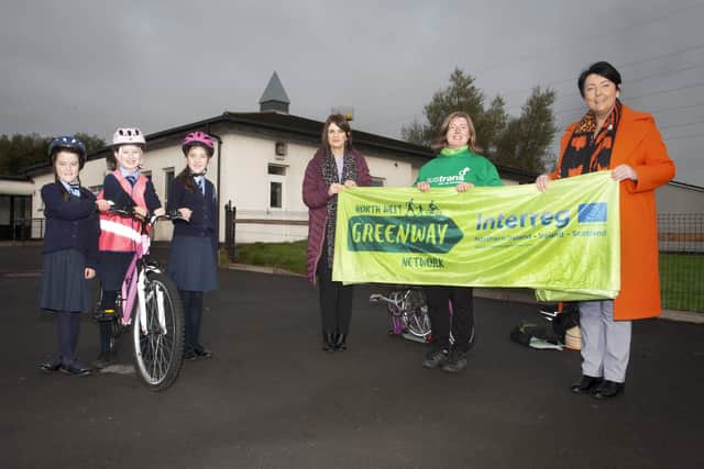 Primary 5 pupils from Hollybush Primary School who took part in this weekâ€TMs Cycle Skills and Bike Fixing programme, in conjunction with the North West Greenway Network and Sustrans. From left, Amy Lynch, Fionnuala Thompson and Anna Dobbins, and on right, Mrs Sinead Mc Gurren, teacher, Cat Brogan, Sustrans Officer and Ms. Teresa Duggan, Principal.