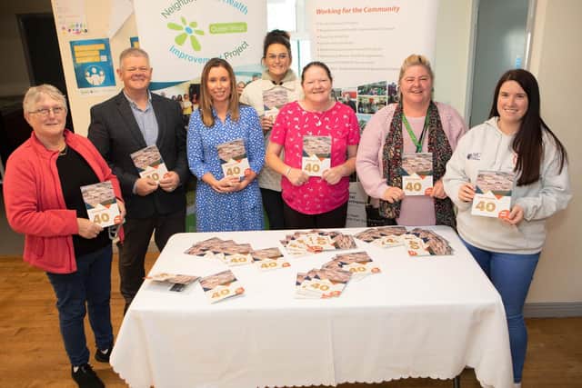 Pictured at the launch of the 'Ballymagroarty Celebrating 40 Years'
booklet at Ballymagroarty Community Centre. From left, are Noreen
Arnold, resident, Min McCann, Manager BHCP, Martina Forrest, Housing
Executive, Jennifer Jennings, Dunluce Family Centre, Maureen O'Hagan, first resident of Ballymagroarty, Lorraine O'Hagan, resident, and Roxanne
Quigley, BHCP.