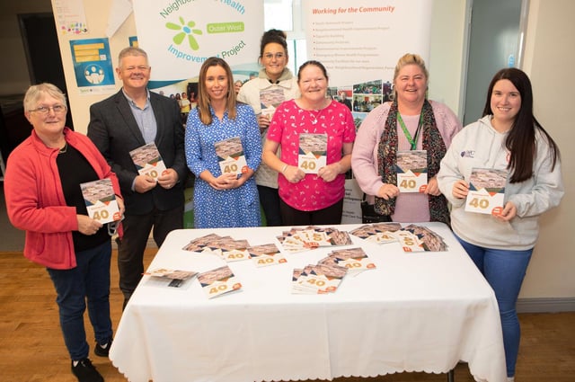 Pictured at the launch of the 'Ballymagroarty Celebrating 40 Years'
booklet at Ballymagroarty Community Centre. From left, are Noreen
Arnold, resident, Min McCann, Manager BHCP, Martina Forrest, Housing
Executive, Jennifer Jennings, Dunluce Family Centre, Maureen O'Hagan, first resident of Ballymagroarty, Lorraine O'Hagan, resident, and Roxanne
Quigley, BHCP.