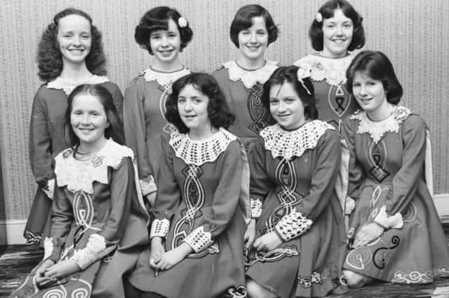 The team from McLaughlin School, Derry, winners of the Nellie Sweeney Cup in the Any Figure Dance (under 15) competition at Feis Doire Colmcille. At front, from left, are Helena Ferry, Maria Boyd, Donna Owens and Sandra Hyndman. At back are Mairead Coyle, Fiona Kelly,Pauline Temple and Giovanna McKinney. Taken in 1977